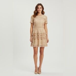 Blush Lace Tiered Ruffle Dress Short‎ Sleeve Medium Cocktail Party